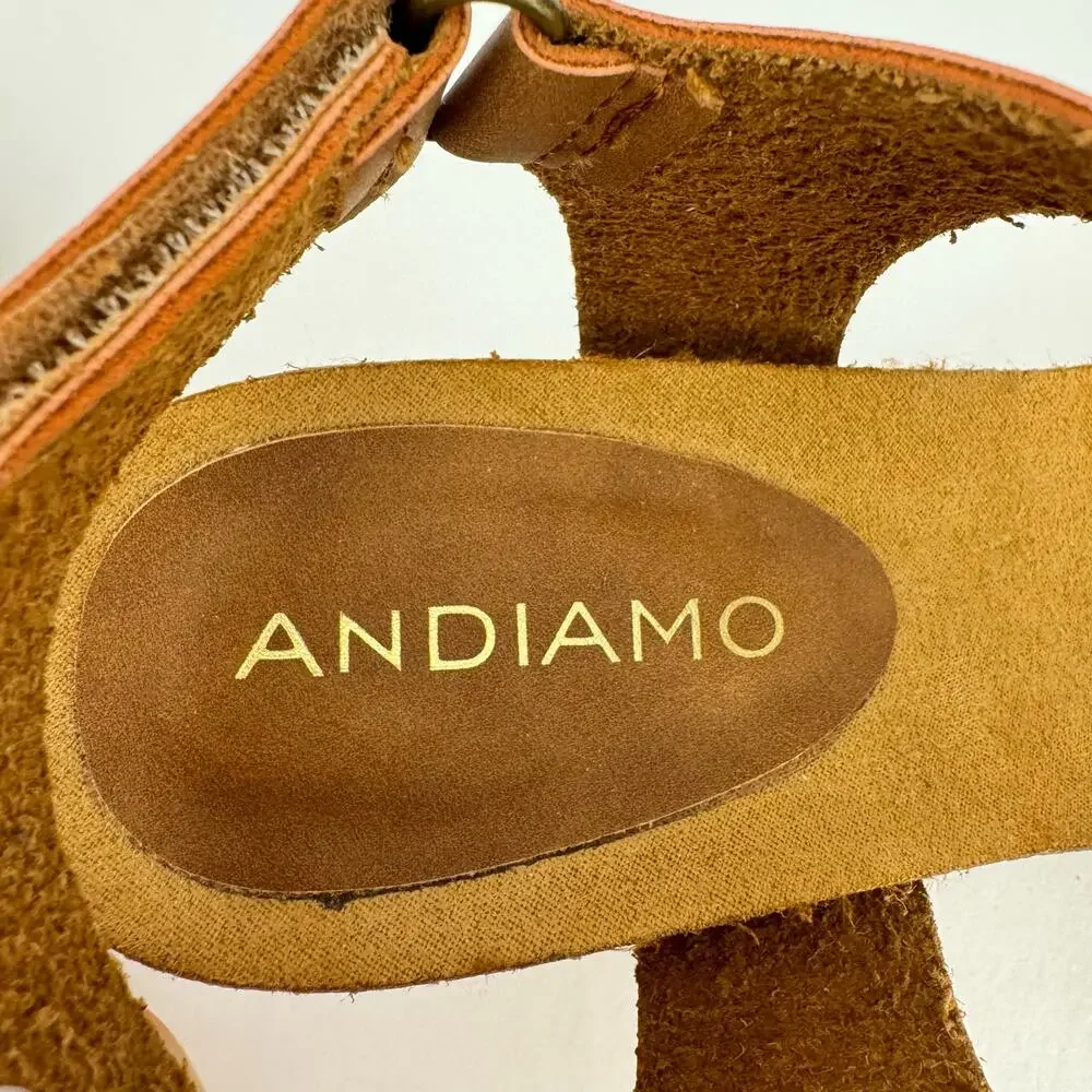 Andiamo Awanda Brown Faux Leather Zebra Striped Textured Block Heel Sandals Sz 8